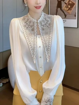Новая белая рубашка с вышивкой, женские топы, блузка, элитная дизайнерская одежда с длинными рукавами, Офисная женская куртка, корейская мода