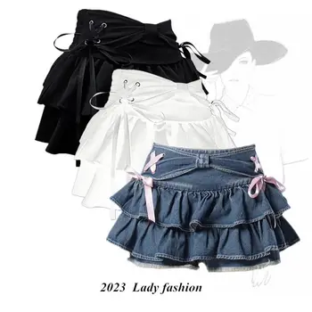 Новинка Осени 2023, Черная Плиссированная юбка с бантом для девочек, Приталенная юбка для Горячей Девушки, Джинсовая юбка-Кюлоты, Высококачественная Корейская мода