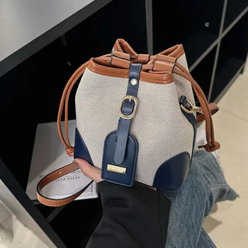 Новые холщовые Контрастные сумки-ведра Модная Ретро сумка через плечо на шнурке для Поездок на работу Через плечо Портативная сумка для хранения