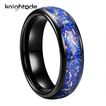 обручальное кольцо из черного карбида вольфрама 6 мм, инкрустированное голубым опалом, куполообразное, полированное, блестящее, комфортной посадки