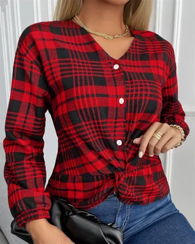 Осенняя Женская повседневная рубашка в клетку с V-образным вырезом, Женская одежда, Красная блузка с длинным рукавом, Модные весенние синие топы, Женская уличная одежда