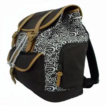 Рюкзак для ноутбука K-Cliffs унисекс из холста с принтом черного/серого цвета с коричневой отделкой