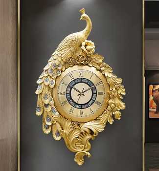 Современное украшение, Золотые металлические часы с павлином, Настенные часы с рисунком 3 Brass, Роскошный декор