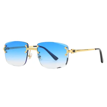 Солнцезащитные очки в ретро-стиле без оправы Для мужчин и женщин В металлической оправе Квадратной Уличной формы UV400 Градиентного синего цвета Солнцезащитные очки
