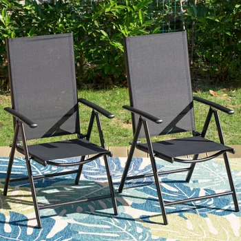 Студийный набор MF из 2 обеденных стульев для патио на открытом воздухе, Алюминиевое Складное кресло с 7 углами наклона спинки и сиденьем из текстиля, черное Откидное o
