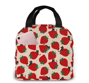 Сумка для ланча с черной кошкой и красной клубникой Для женщин И Девочек, Детская Изолированная сумка для пикника, Термосумка для приготовления Бенто, милая сумка для ланча, коробка для кемпинга