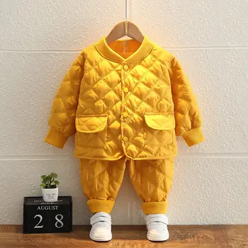 Теплое пальто Для новорожденных девочек, однотонная одежда с хлопковой подкладкой, Длинные брюки, комплект одежды из 2 предметов, Хлопковый спортивный костюм для маленьких мальчиков 0-5 лет