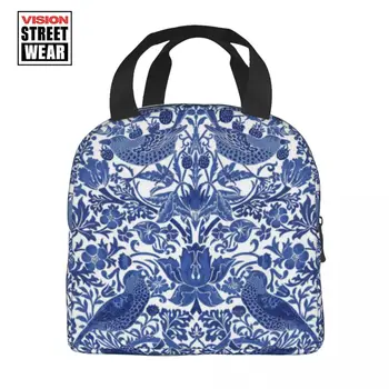 Фарфоровая Синяя с рисунком Восточной птицы, изолированная сумка для ланча для кемпинга, путешествия, китайский термохолодильник, ланч-бокс для женщин и детей