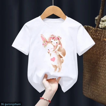 Футболка Kawaii для девочек с цветочным рисунком кролика и животных, футболка с мультяшным принтом для малышей, летняя модная одежда для девочек, белые топы с короткими рукавами