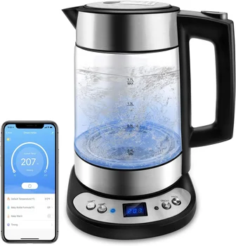 Чайник для воды, стеклянный нагреватель, бойлер, подходит для WIFI APP Alexa Google Home Assistant 1.7 Л, отлично подходит для приготовления кофе, чая, молока при перегреве