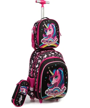 Школьный рюкзак на колесиках для девочек, школьная сумка-тележка, 3 предмета, рюкзак на колесиках с сумкой для ланча, пенал, рюкзаки на роликах для девочек